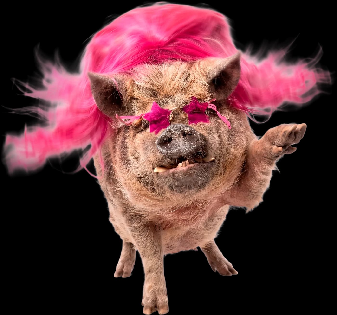 Winston the pig waving with one hoof, wig flying